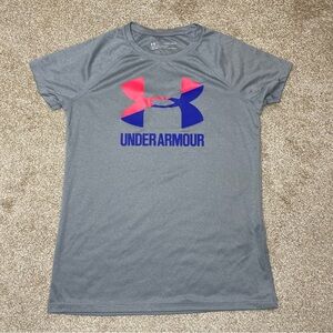 Girls Under Armour Loose Fit HeatGear Gray Short-Sleeve Athletic Shirt: Large